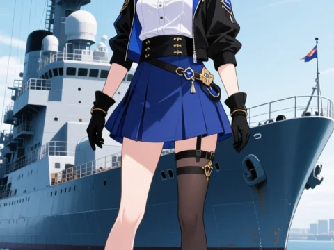 Anime Girl in Navy Outfit Standing by Warship