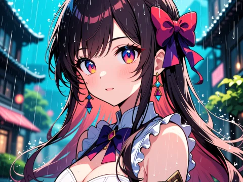 Anime Girl in Rain with Vibrant Eyes and Ribbon