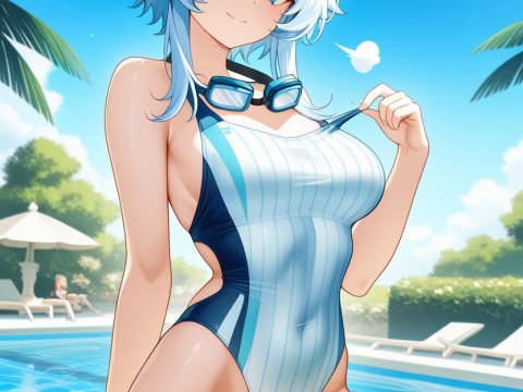 Anime Girl in Swimsuit by the Pool on a Sunny Day