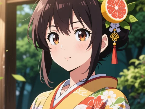 Anime Girl in Traditional Kimono with Citrus Hair Ornament
