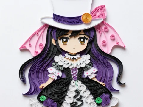 Anime Girl in White Top Hat with Purple Hair in Quilling Art