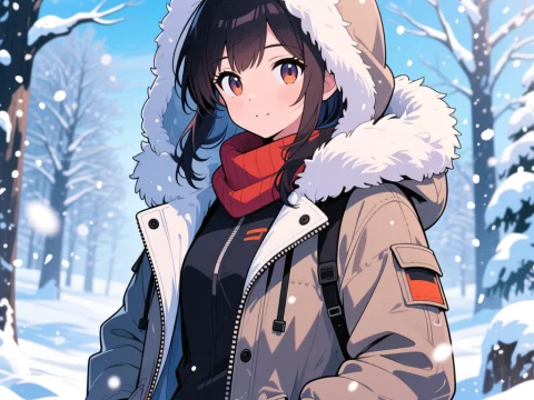 Anime Girl in Winter Coat with Snowy Forest Background