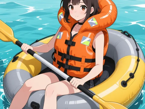 Anime Girl Kayaking with Orange Life Jacket