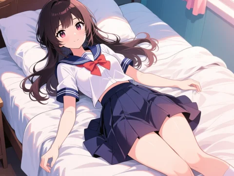 Anime Girl Lounging on Bed in School Uniform