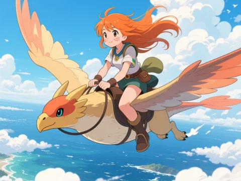 Anime Girl Riding a Large Bird Over the Ocean