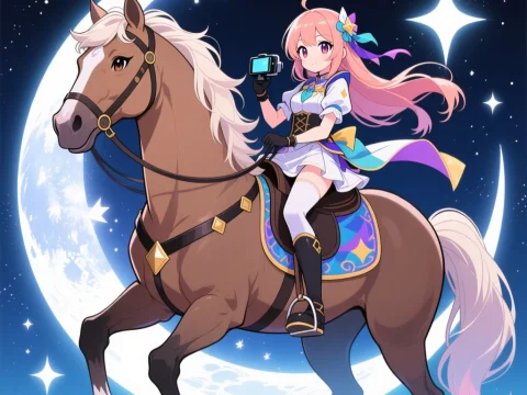 Anime Girl Riding Horse Under Crescent Moon