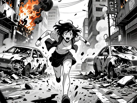 Anime Girl Running Through a Burning City Street