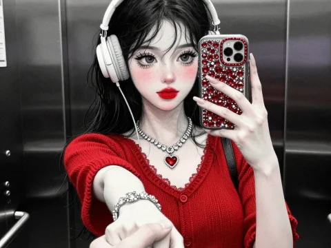 Anime Girl Taking Selfie in Elevator with Red Outfit