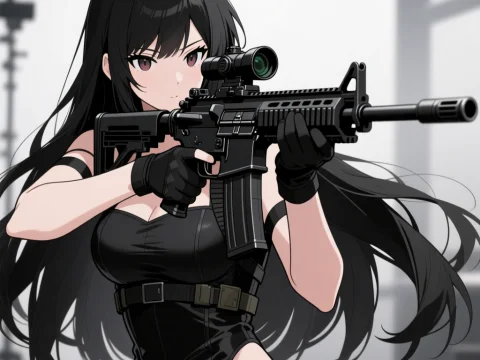 Anime Girl with Black Assault Rifle in Tactical Gear