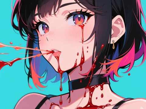 Anime Girl with Blood Dripping and Splattering