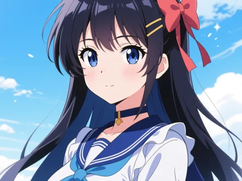 Anime Girl with Blue Eyes and Ribbon in Sailor Uniform