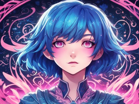 Anime Girl with Blue Hair and Magical Pink Aura
