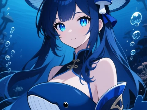 Anime Girl with Blue Hair and Mushroom Hat Underwater