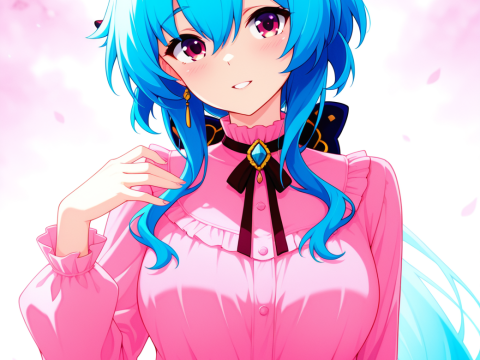 Anime Girl with Blue Hair in Pink and Blue Outfit