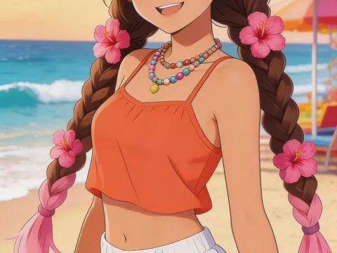 Anime Girl with Braided Hair at the Beach