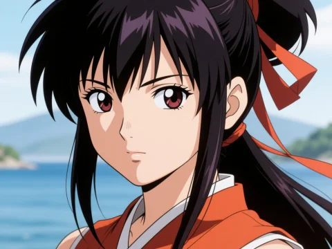 Anime Girl with Dark Hair and Red Ribbon by the Sea