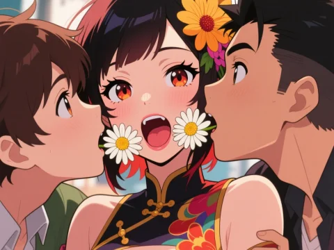 Anime Girl with Floral Cheeks and Two Boys