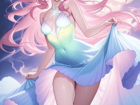 Anime Girl with Flowing Pink Hair and Moonlit Dress