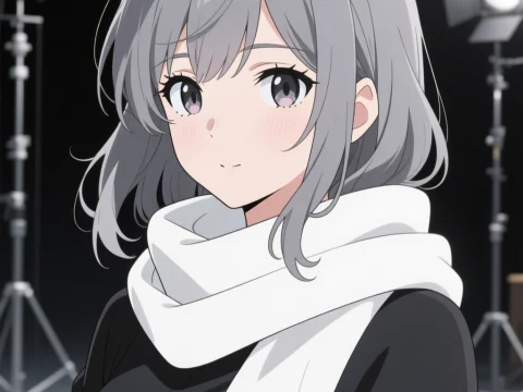 Anime Girl with Gray Hair and White Scarf in Studio