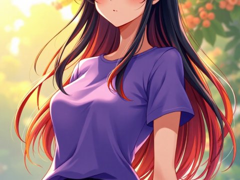 Anime Girl with Green Eyes and Gradient Hair in Sunlit Garden