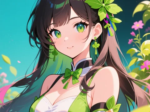 Anime Girl with Green Floral Accessories in Bright Setting