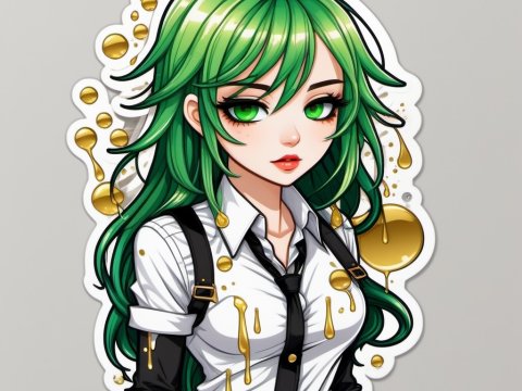 Anime Girl with Green Hair and Golden Drips