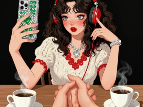 Anime Girl with Headphones Taking a Selfie at a Cafe