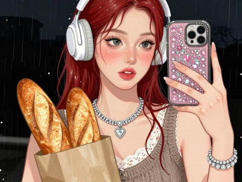 Anime Girl with Headphones Taking Selfie on Rainy Night