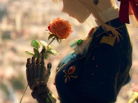 Anime Girl with Mechanical Arm Holding a Rose
