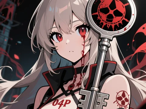 Anime Girl with Mysterious Key and Red Markings