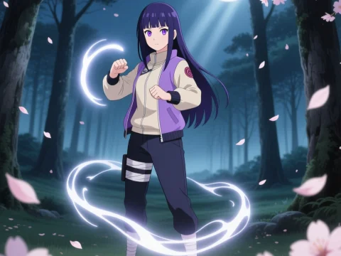 Anime Girl with Mystical Energy in Moonlit Forest
