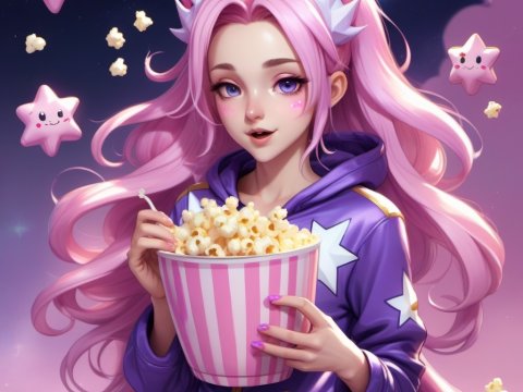 Anime Girl with Pink Hair Eating Popcorn Under Starry Sky