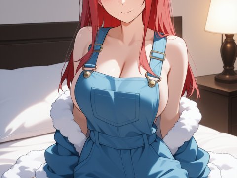Anime Girl with Red Hair in Blue Overalls Sitting on Bed