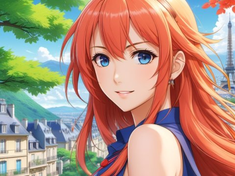 Anime Girl with Red Hair in Parisian Setting