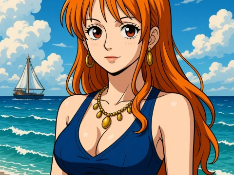 Anime Girl with Red Hair on Beach by the Sea