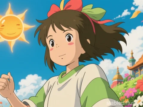 Anime Girl with Smiling Sun and Colorful Garden