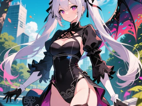 Anime Girl with White Hair and Dragon Wings in Urban Park