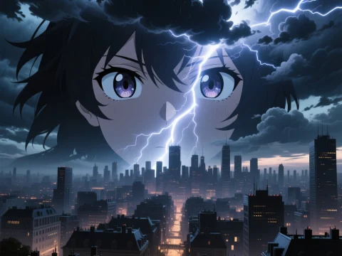 Anime Girl's Face Amid Stormy Cityscape with Lightning