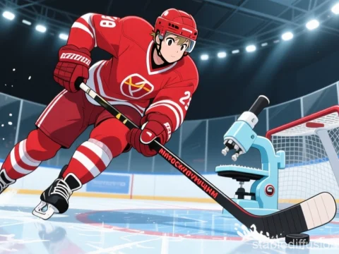 Anime Hockey Player with Microscope Hockey Stick on Ice Rink