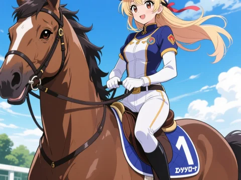 Anime Jockey Riding a Racehorse on a Sunny Day