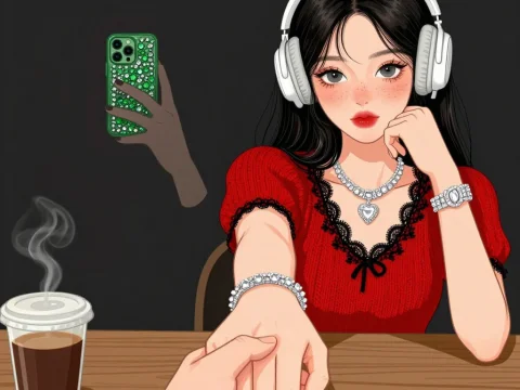 Anime Korean Woman Holding Hand with Headphones and Coffee