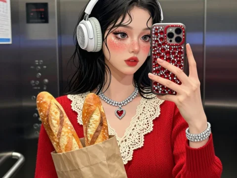 Anime Korean Woman Taking Elevator Selfie with Baguettes