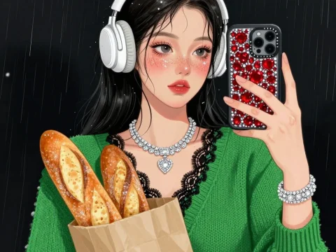 Anime Korean Woman Taking Selfie in Rain with Headphones