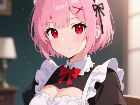 Anime Maid with Pink Hair and Red Eyes