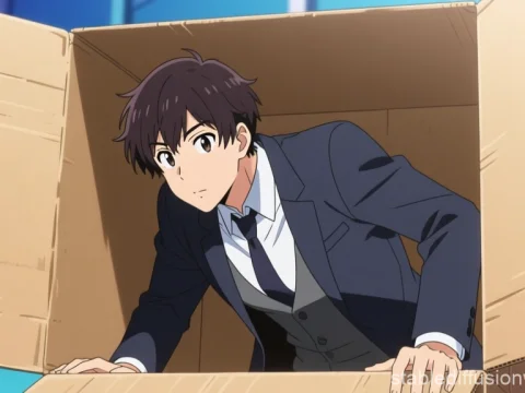 Anime Man in Suit Emerging from Cardboard Box