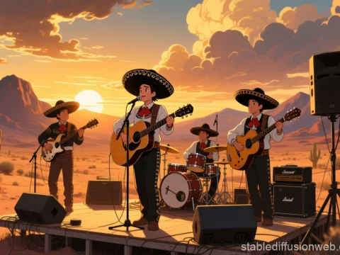 Anime Mariachi Band Performing at Sunset in Desert
