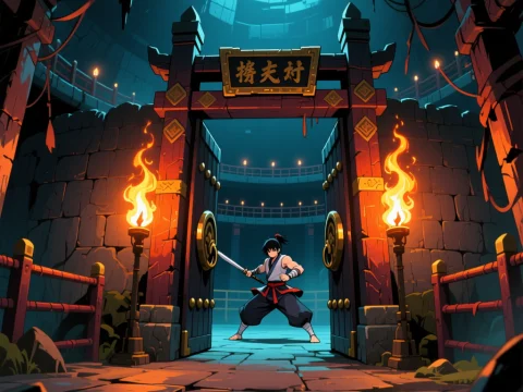 Anime Martial Arts Arena Entrance with Warrior