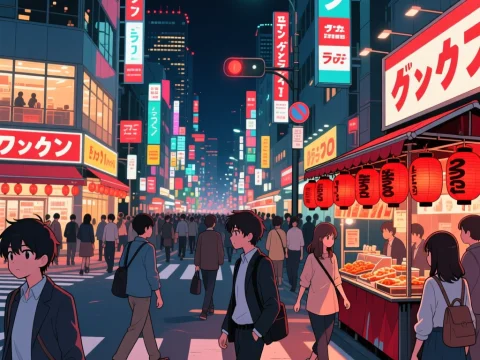 Anime Night City Intersection with Crowds and Neon Signs