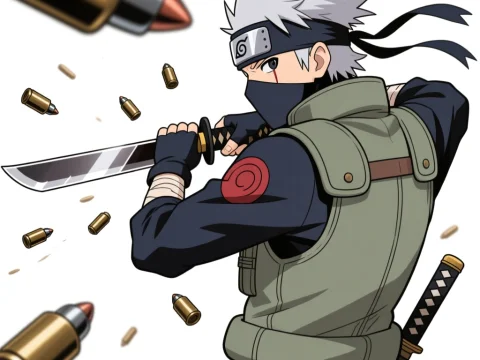 Anime Ninja with Sword Deflecting Bullets