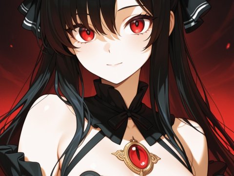 Anime Portrait of a Young Woman with Red Eyes and Black Dress
